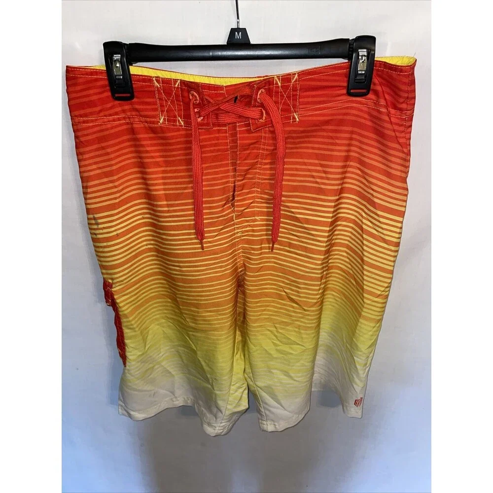 BKE Sport Board Shorts Men’s Size 31 Orange Yellow Striped Drawstring Inseam 11